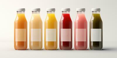 AI generated Glass bottles with juice and smoothies of different colors, detox program photo