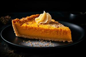 AI generated Slice of fresh homemade pumpkin pie and semolina on a black plate photo