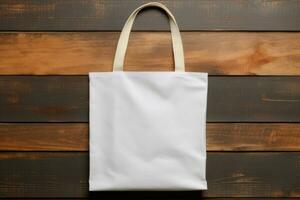 AI generated Mock-up of a white cloth bag on a wooden background photo