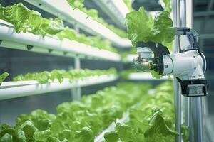 ai generado automático agrícola tecnología con de cerca ver de robótico brazo cosecha lechuga en vertical hidropónico planta. ai generado foto