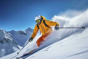 AI generated Skier Skiing On Mountain Slope. AI Generated photo