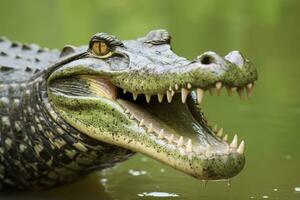 AI generated Crocodile with its mouth wide open with a green lake in the green background. AI Generated photo