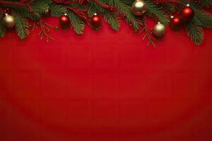 AI generated Christmas or New Year red background with fir decor. AI Generated photo