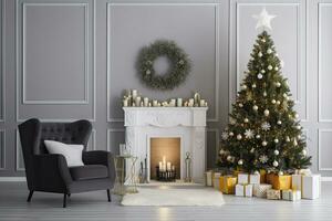 AI generated Modern Living Room With Fireplace, Christmas Tree, Gift Boxes And Armchair. AI Generated photo