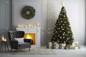 AI generated Modern Living Room With Fireplace, Christmas Tree, Gift Boxes And Armchair. AI Generated photo