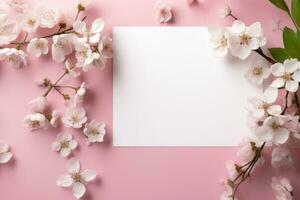 AI generated A white blank sheet of paper on pink background with spring white flowers photo