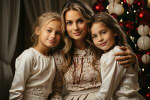 ai generado mamá y niños son sentado en el antecedentes de un Navidad árbol foto