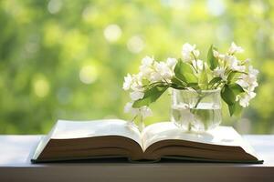 AI generated Jasmine flowers in a vase and open book on the table, green natural background. AI Generated photo