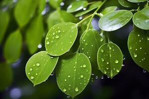 ai generado verde hojas con agua gotas en a ellos. ai generado foto