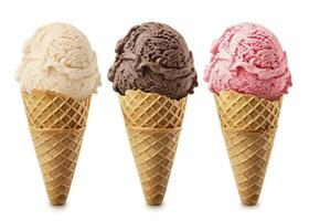 AI generated Chocolate, vanilla and strawberry Ice cream in the cone on white background. AI Generated photo