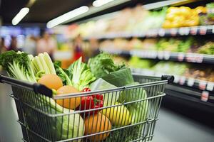 AI generated Close up of full shopping cart in grocery store. AI Generated photo