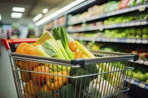 AI generated Close up of full shopping cart in grocery store. AI Generated photo