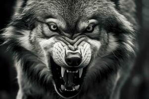 AI generated Greyscale closeup shot of an angry wolf with a blurred background. AI Generated photo