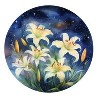 AI generated Watercolor fairy lilies blooming under a starry night sky on a white background. AI Generated photo