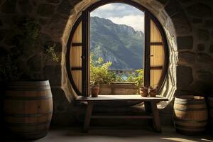 ai generado barril en un antiguo castillo junto a el ventana. ai generado foto