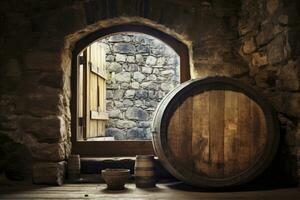 AI generated Barrel in an ancient castle beside the window. AI Generated photo