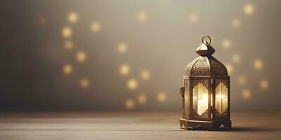 AI generated Celebration of islamic eid mubarak and eid al adha lantern in a light background. AI Generated photo