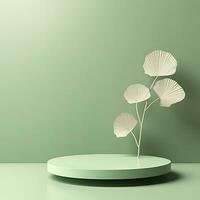 AI generated Empty podium with Ginkgo Biloba leaves and shadows on pastel green background.  AI Generated. photo