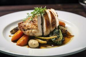 AI generated Plated chicken roast dinner on a white plate with carrot and morel mushroom. AI Generated. photo