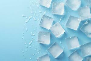 AI generated Cubes of ice and drops are isolated on the blue background with empty space. AI Generated photo