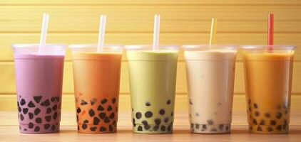 AI generated Plastic cups of different tasty bubble tea on wooden background. Generative AI photo