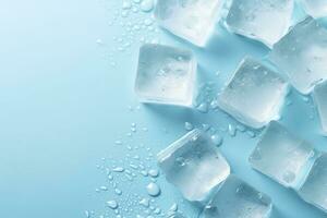 AI generated Cubes of ice and drops are isolated on the blue background with empty space. AI Generated photo