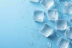 AI generated Cubes of ice and drops are isolated on the blue background with empty space. AI Generated photo