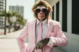 AI generated A Monkey is wearing sunglasses, suit and standing on street. AI Generated photo