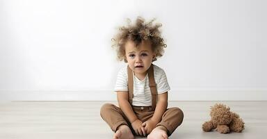 AI generated Sad and crying baby with mental trauma sitting on floor. photo