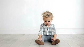 AI generated Sad little boy with mental trauma sitting on floor. photo