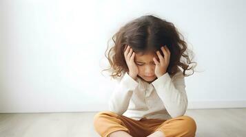 AI generated Sad little girl with mental trauma sitting on floor. photo