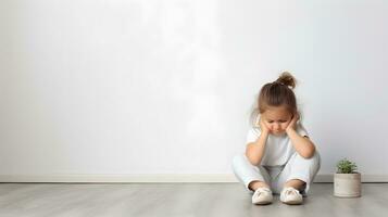 AI generated Sad little girl with mental trauma sitting on floor. photo