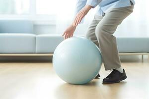 AI generated Caucasian senior doing exercise with a swiss ball at a gym photo