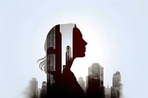 AI generated Double exposure of a woman and modern city skyline. photo