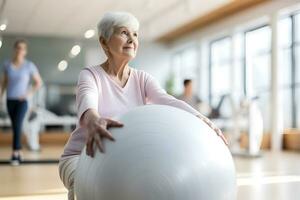 AI generated Senior Caucasian woman doing exercise with a swiss ball at a gym photo