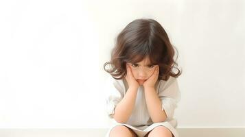 AI generated Sad little girl with mental trauma sitting on floor. photo