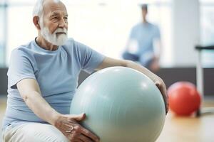 AI generated Senior Caucasian man doing exercise with a swiss ball at a gym photo