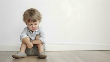 AI generated Sad little boy with mental trauma sitting on floor. photo