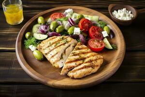 AI generated Seared chicken breast and Greek salad on a wooden table. Generative AI photo