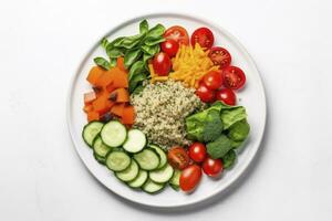 ai generado ensalada con quinua, espinaca, brócoli, Tomates, pepinos y zanahorias. ai generado foto