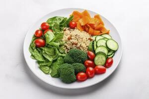 ai generado ensalada con quinua, espinaca, brócoli, Tomates, pepinos y zanahorias. ai generado foto