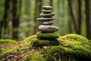 ai generado pirámide piedras equilibrar en antiguo cubierto de musgo caído árbol. ai generado foto