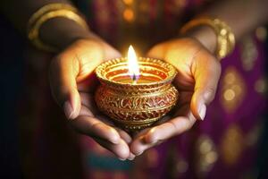 AI generated Beautiful hands holding Diwali lamps traditionally. AI Generated. photo