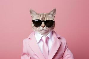 AI generated A cat is wearing sunglasses and suit on Pink Background. AI Generated photo