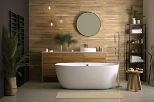 AI generated Interior of stylish bathroom with wooden cabinet, sink, bathtub, and mirror. AI Generated photo
