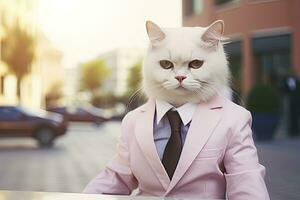 AI generated A cat is wearing sunglasses, suit and standing on street. AI Generated photo