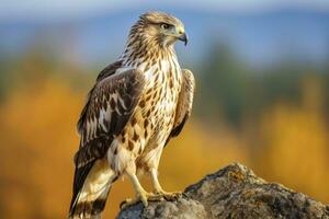 AI generated Hawk sitting on rock looking for prey. AI Generated photo