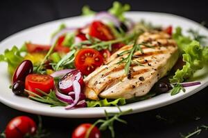 ai generado A la parrilla pollo pecho con Tomates, rojo pimienta, orgánico verde y kalamata Olivos. ai generado foto