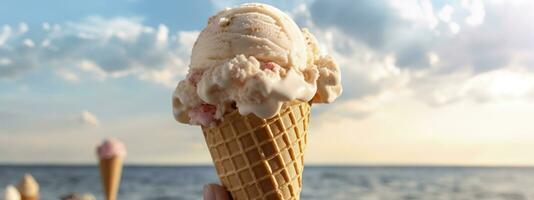 AI generated Banner with ice cream in a waffle cone on a summer day. Generative AI photo