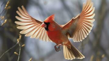 AI generated Northern Cardinal coming in for a landing. Generative AI photo